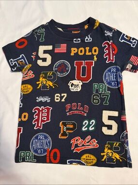 Boys 4T Polo by Ralph Lauren Navy Multicolor Varsity Patch Short Sleeve Tee